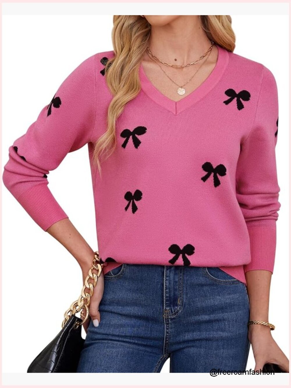 V Neck Knit Sweater Long Sleeve Lightweight Pullover Printed Winter Tops